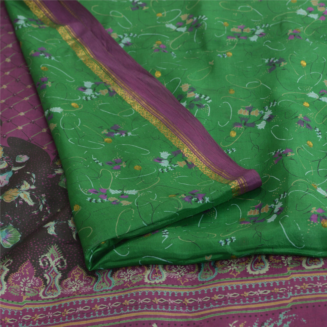 Sanskriti Vintage Sarees Indian Green 100% Pure Silk Printed Sari Craft Fabric