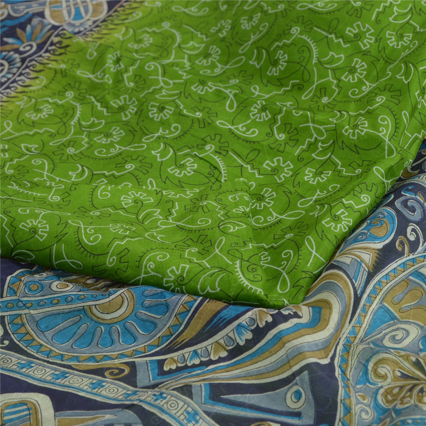 Sanskriti Vintage Sarees Green/Blue 100% Pure Silk Printed Sari 5yd Craft Sustainable Fabric