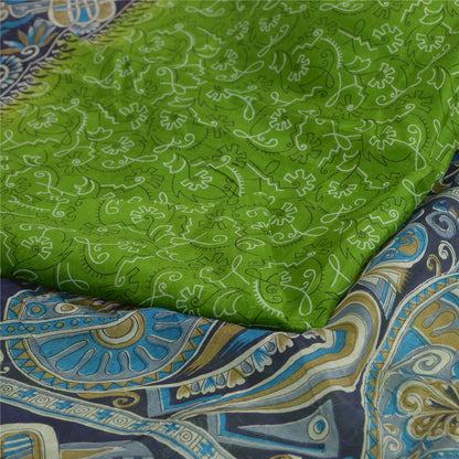 Sanskriti Vintage Sarees Green/Blue 100% Pure Silk Printed Sari 5yd Craft Sustainable Fabric