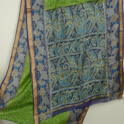 Sanskriti Vintage Sarees Green/Blue 100% Pure Silk Printed Sari 5yd Craft Sustainable Fabric