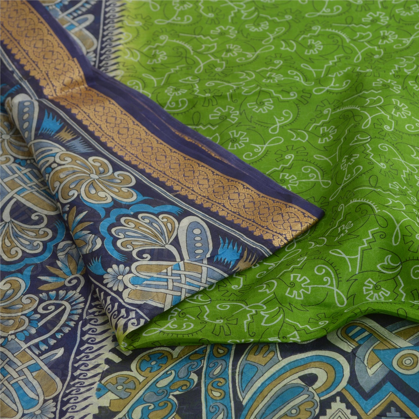 Sanskriti Vintage Sarees Green/Blue 100% Pure Silk Printed Sari 5yd Craft Sustainable Fabric