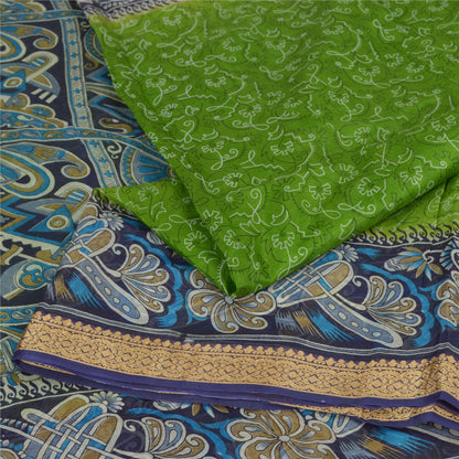 Sanskriti Vintage Sarees Green/Blue 100% Pure Silk Printed Sari 5yd Craft Sustainable Fabric
