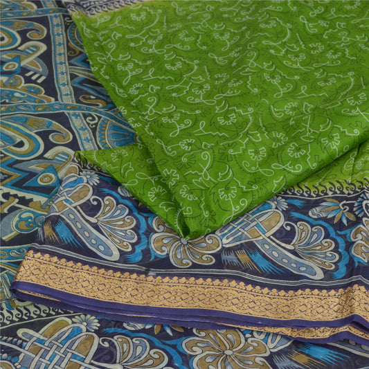 Sanskriti Vintage Sarees Green/Blue 100% Pure Silk Printed Sari 5yd Craft Sustainable Fabric