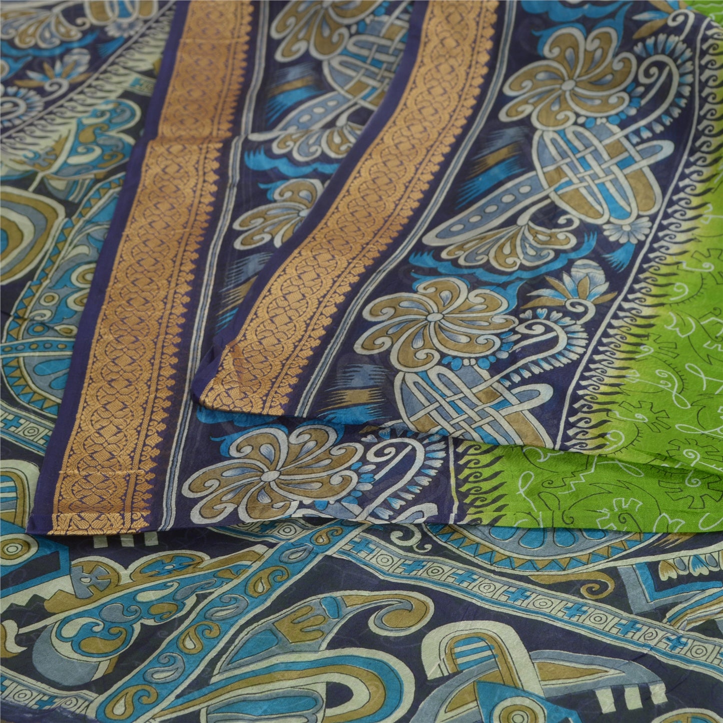 Sanskriti Vintage Sarees Green/Blue 100% Pure Silk Printed Sari 5yd Craft Sustainable Fabric