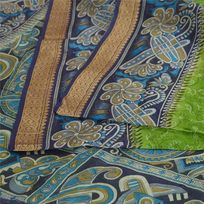 Sanskriti Vintage Sarees Green/Blue 100% Pure Silk Printed Sari 5yd Craft Sustainable Fabric