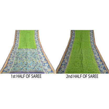 Sanskriti Vintage Sarees Green/Blue 100% Pure Silk Printed Sari 5yd Craft Sustainable Fabric