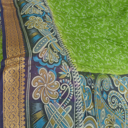 Sanskriti Vintage Sarees Green/Blue 100% Pure Silk Printed Sari 5yd Craft Sustainable Fabric