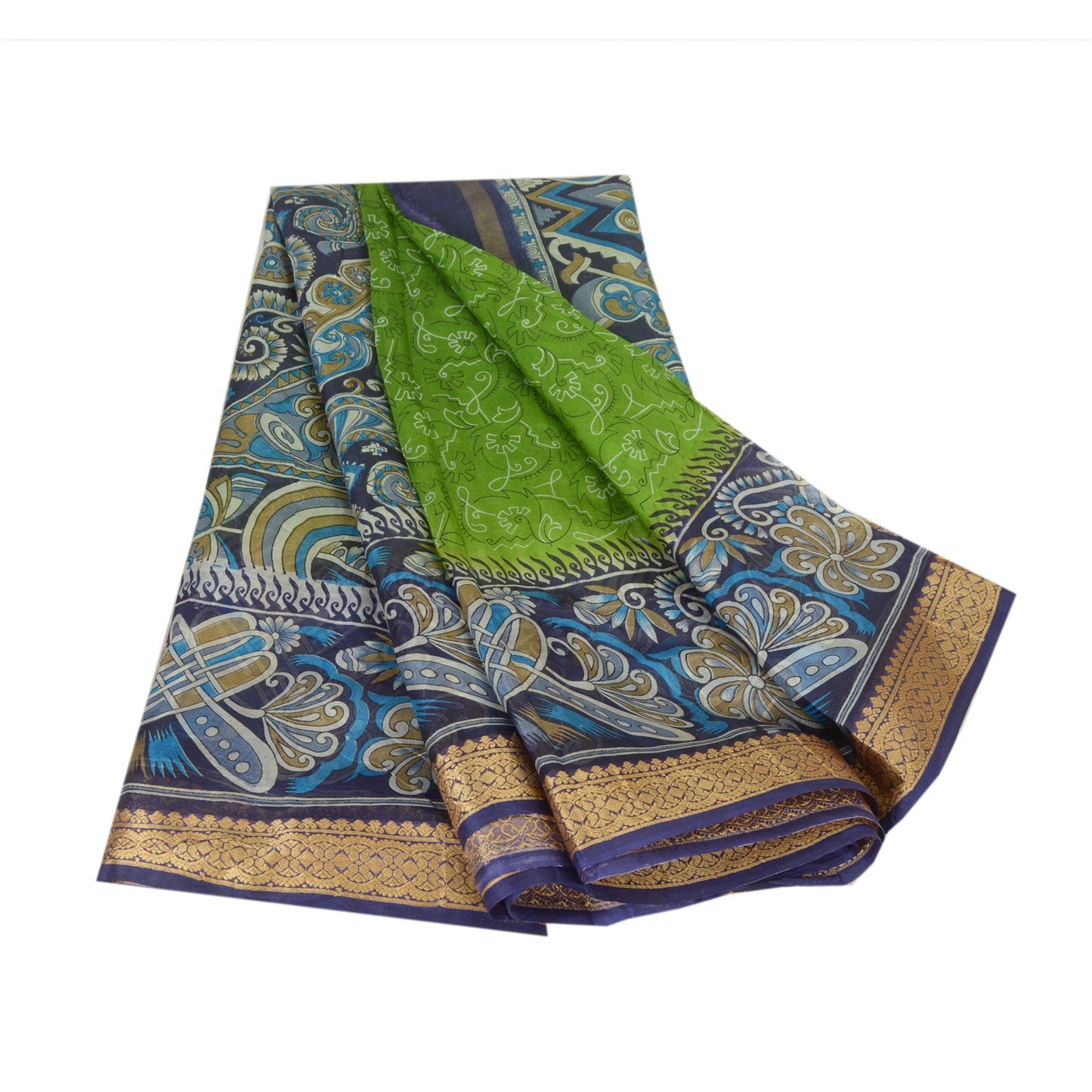 Sanskriti Vintage Sarees Green/Blue 100% Pure Silk Printed Sari 5yd Craft Sustainable Fabric