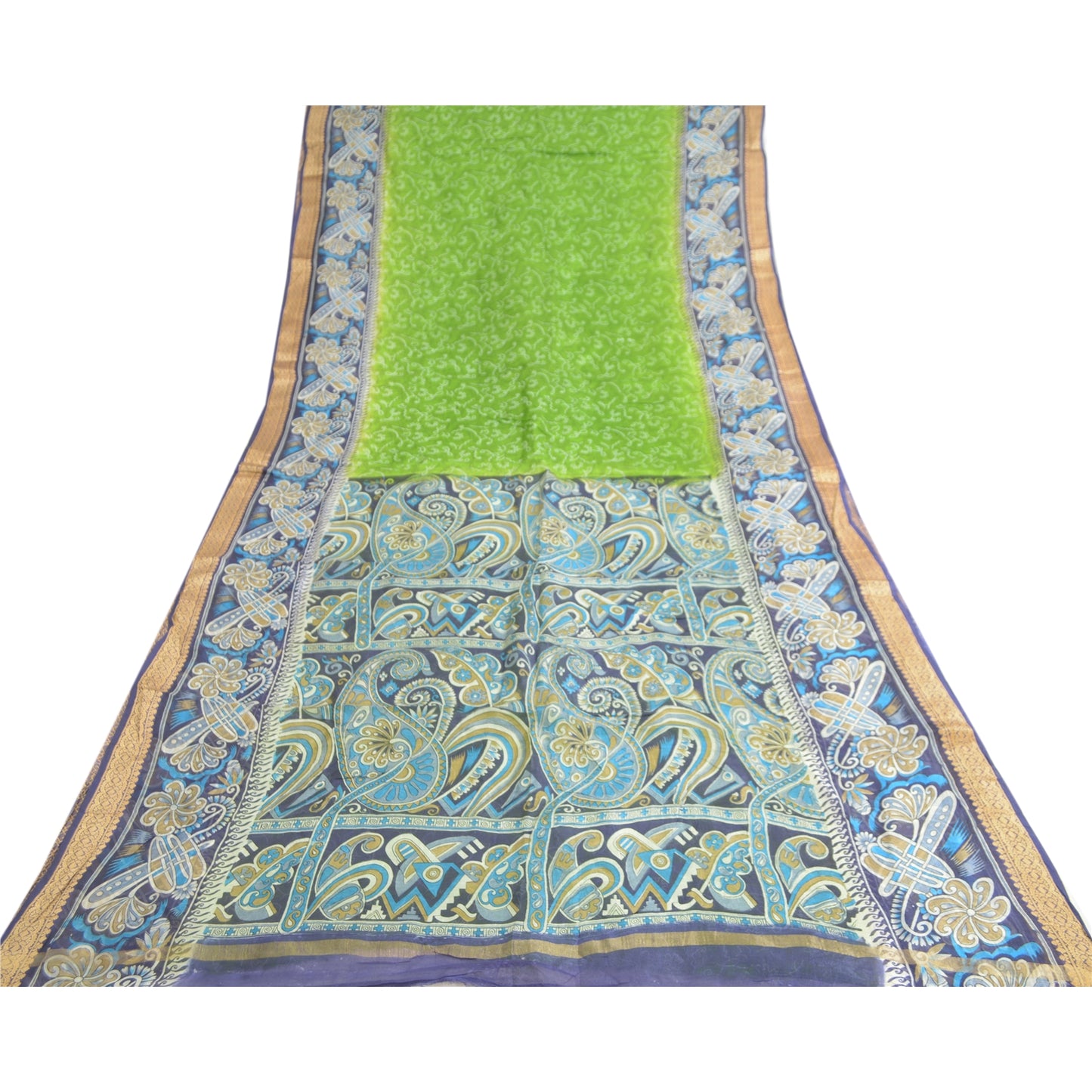 Sanskriti Vintage Sarees Green/Blue 100% Pure Silk Printed Sari 5yd Craft Sustainable Fabric