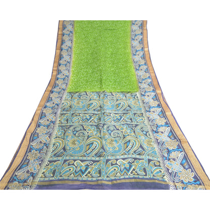 Sanskriti Vintage Sarees Green/Blue 100% Pure Silk Printed Sari 5yd Craft Sustainable Fabric
