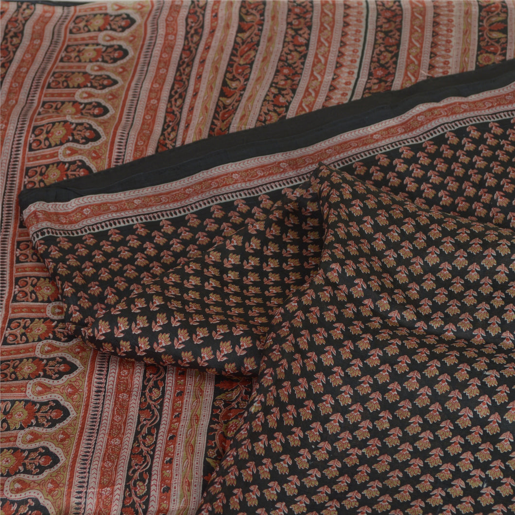 Sanskriti Vintage Sarees Indian Black 100% Pure Silk Print Sari 5yd Craft Fabric