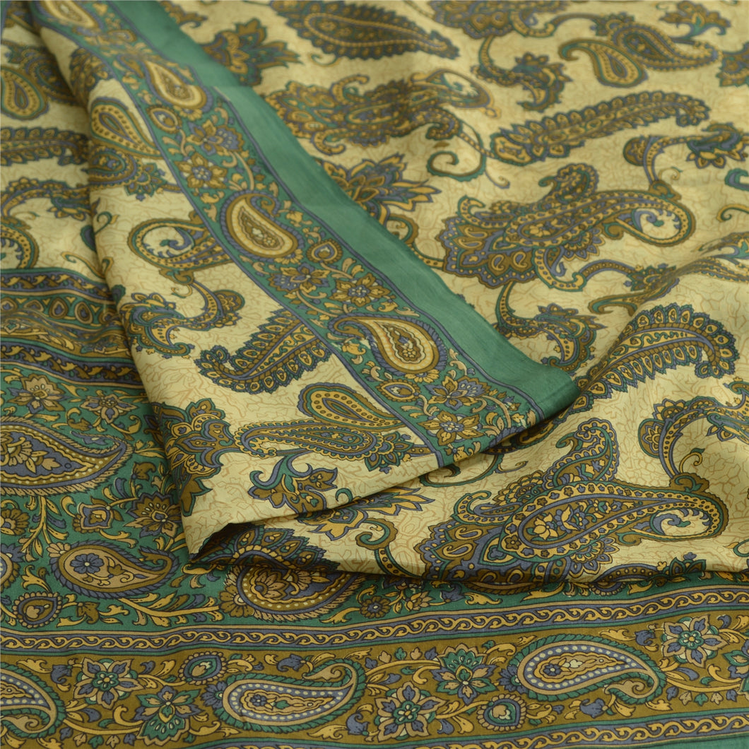 Sanskriti Vintage Sarees Green/Cream 100% Pure Silk Print Sari 5yd Craft Fabric
