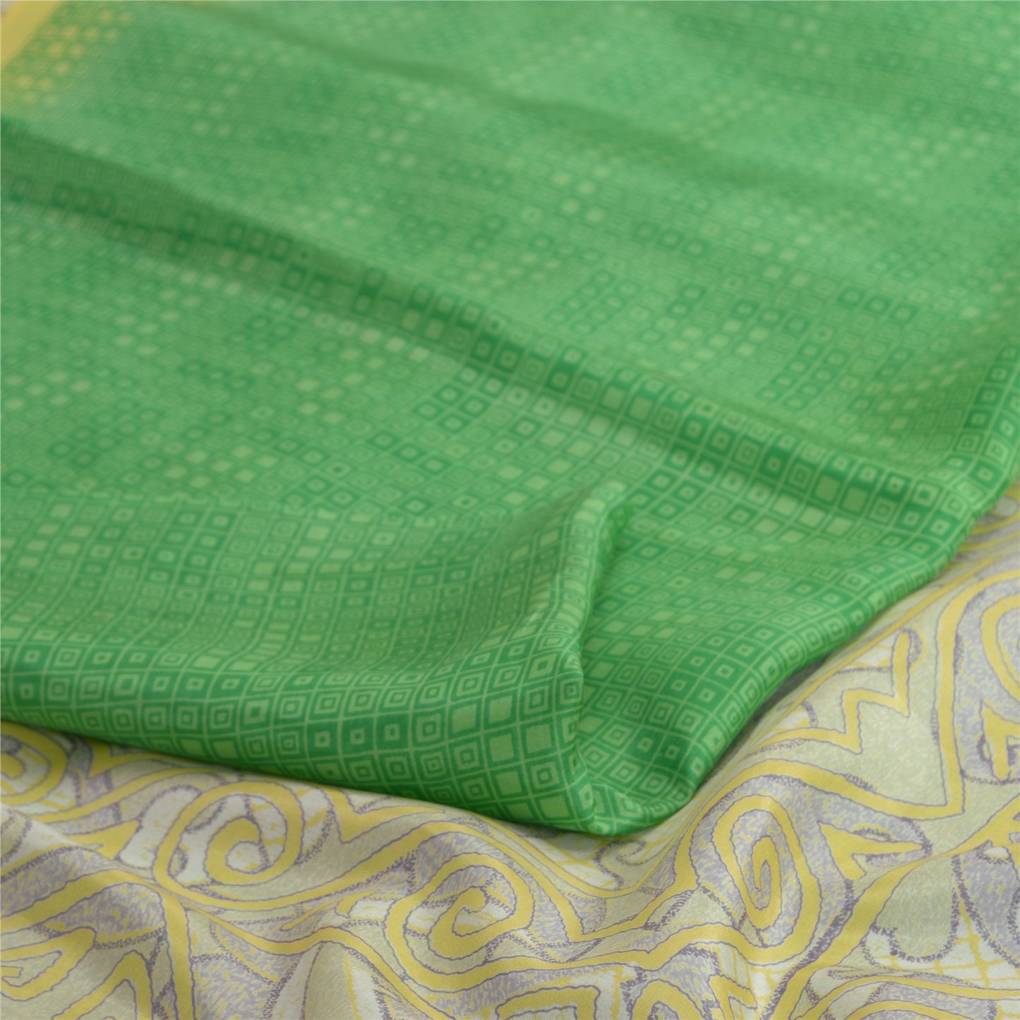 Sanskriti Vintage Sarees Green/Ivory 100% Pure Silk Printed Sari Craft Sustainable Fabric