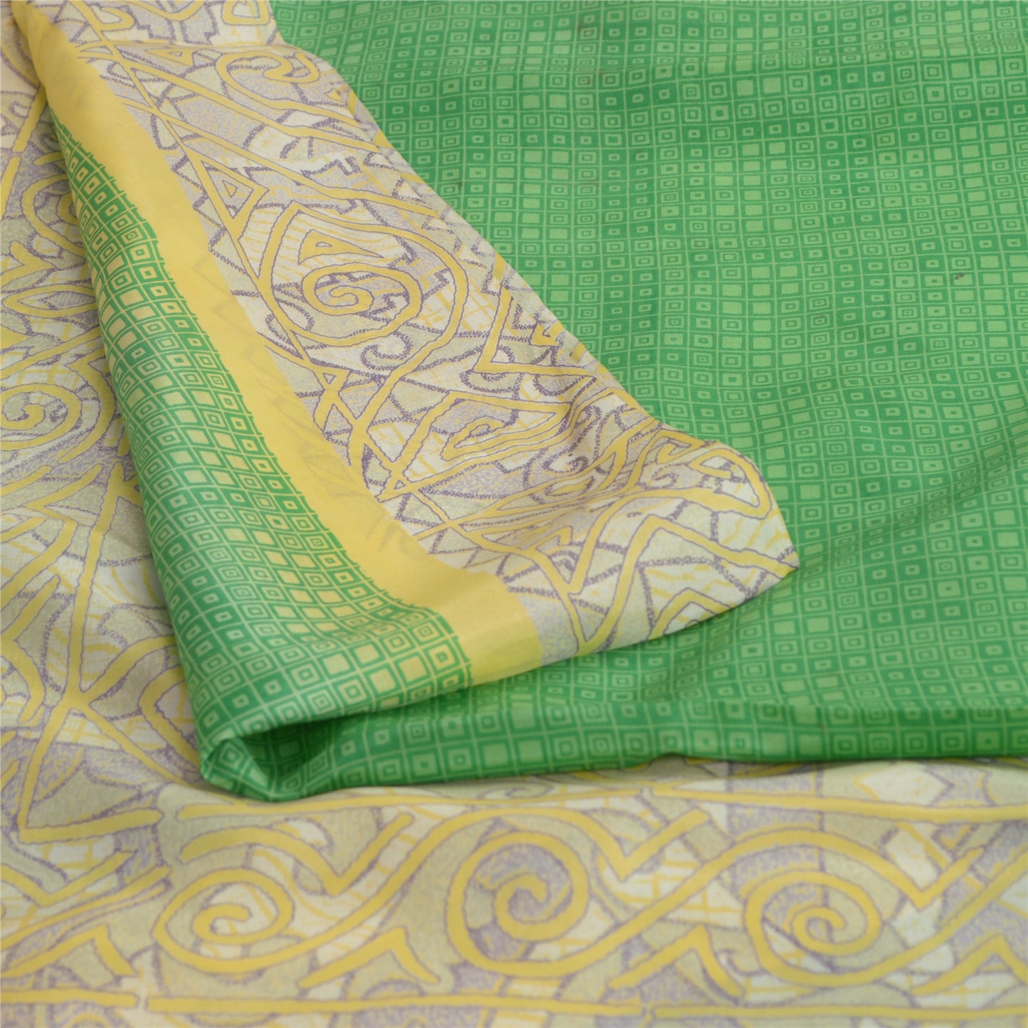 Sanskriti Vintage Sarees Green/Ivory 100% Pure Silk Printed Sari Craft Sustainable Fabric