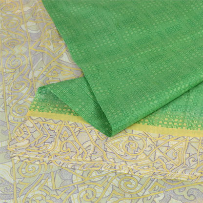 Sanskriti Vintage Sarees Green/Ivory 100% Pure Silk Printed Sari Craft Sustainable Fabric