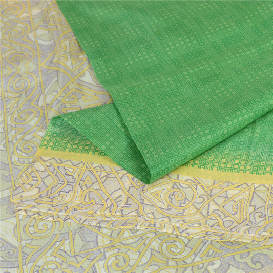Sanskriti Vintage Sarees Green/Ivory 100% Pure Silk Printed Sari Craft Sustainable Fabric