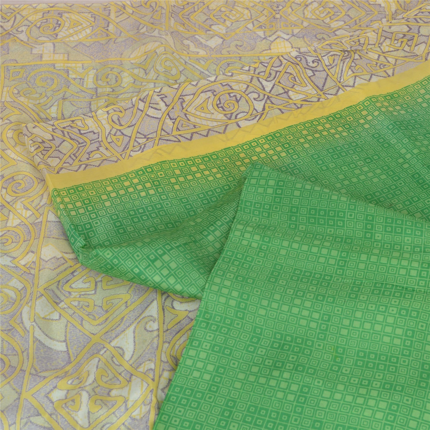 Sanskriti Vintage Sarees Green/Ivory 100% Pure Silk Printed Sari Craft Sustainable Fabric