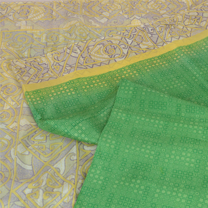 Sanskriti Vintage Sarees Green/Ivory 100% Pure Silk Printed Sari Craft Sustainable Fabric
