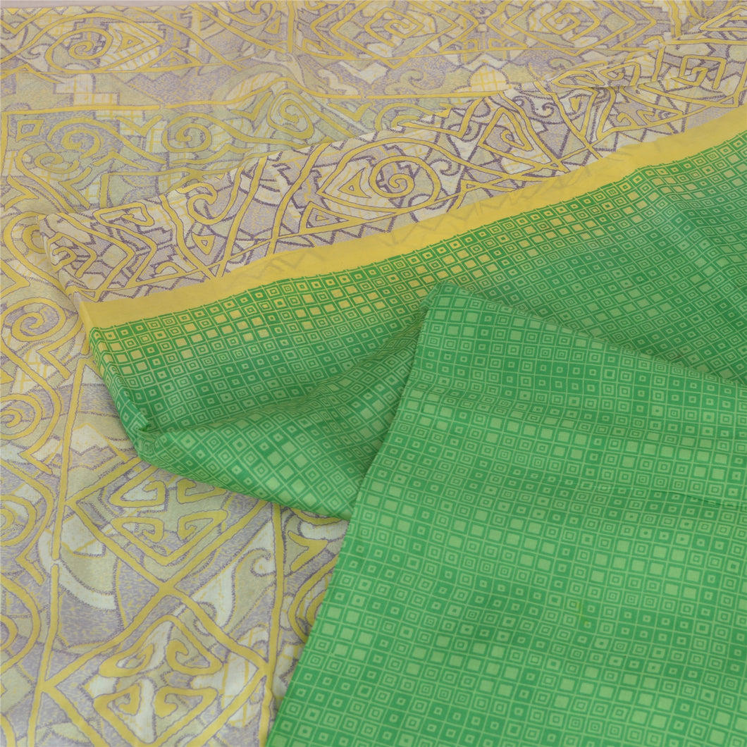 Sanskriti Vintage Sarees Green/Ivory 100% Pure Silk Printed Sari Craft Fabric