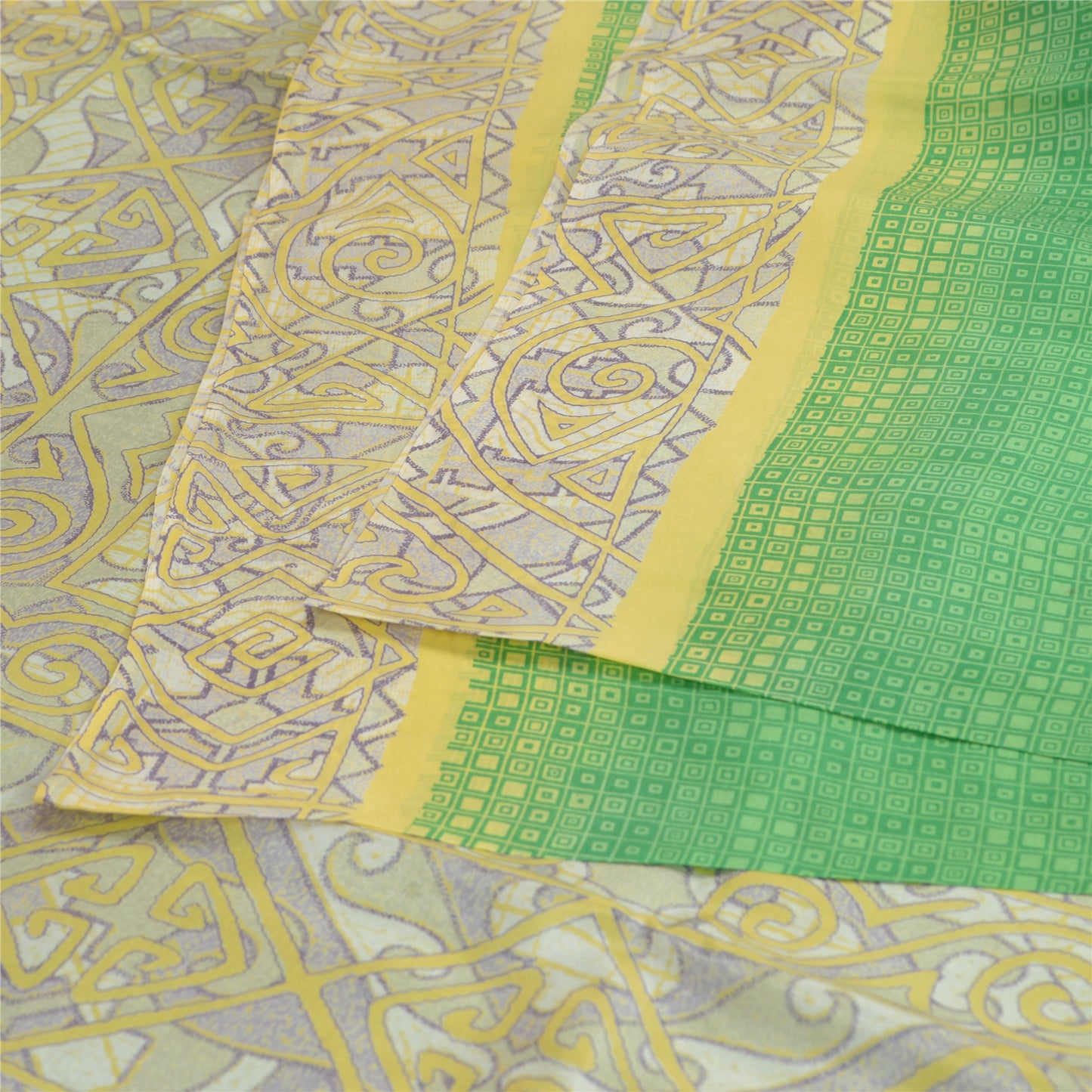 Sanskriti Vintage Sarees Green/Ivory 100% Pure Silk Printed Sari Craft Sustainable Fabric