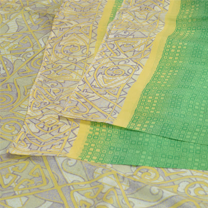 Sanskriti Vintage Sarees Green/Ivory 100% Pure Silk Printed Sari Craft Sustainable Fabric