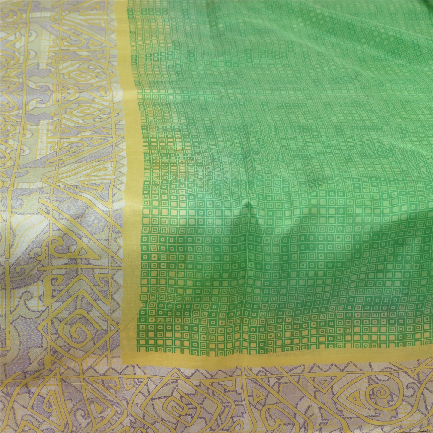 Sanskriti Vintage Sarees Green/Ivory 100% Pure Silk Printed Sari Craft Sustainable Fabric