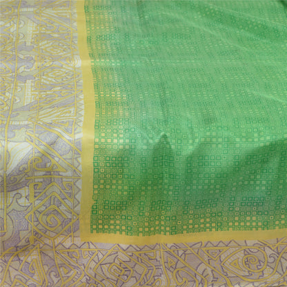 Sanskriti Vintage Sarees Green/Ivory 100% Pure Silk Printed Sari Craft Sustainable Fabric