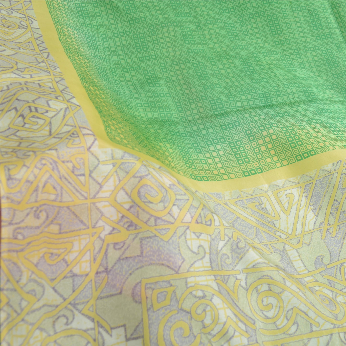 Sanskriti Vintage Sarees Green/Ivory 100% Pure Silk Printed Sari Craft Sustainable Fabric