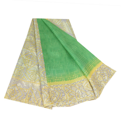 Sanskriti Vintage Sarees Green/Ivory 100% Pure Silk Printed Sari Craft Sustainable Fabric