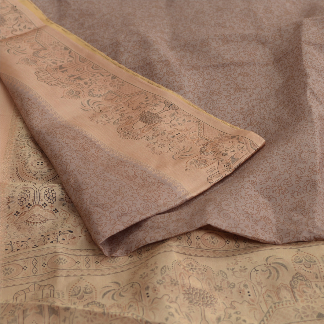 Sanskriti Vintage Sarees Brown/Peach 100% Pure Silk Printed Sari Craft Fabric