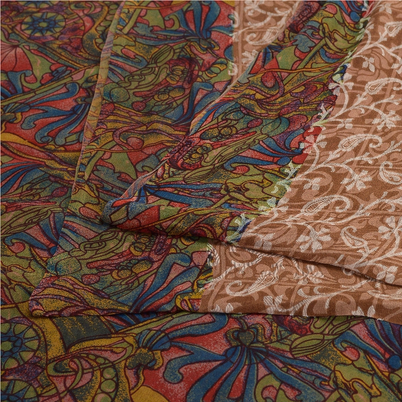 Sanskriti Vintage Sarees Light-Brown Pure Silk Printed Sari Floral Craft Sustainable Fabric