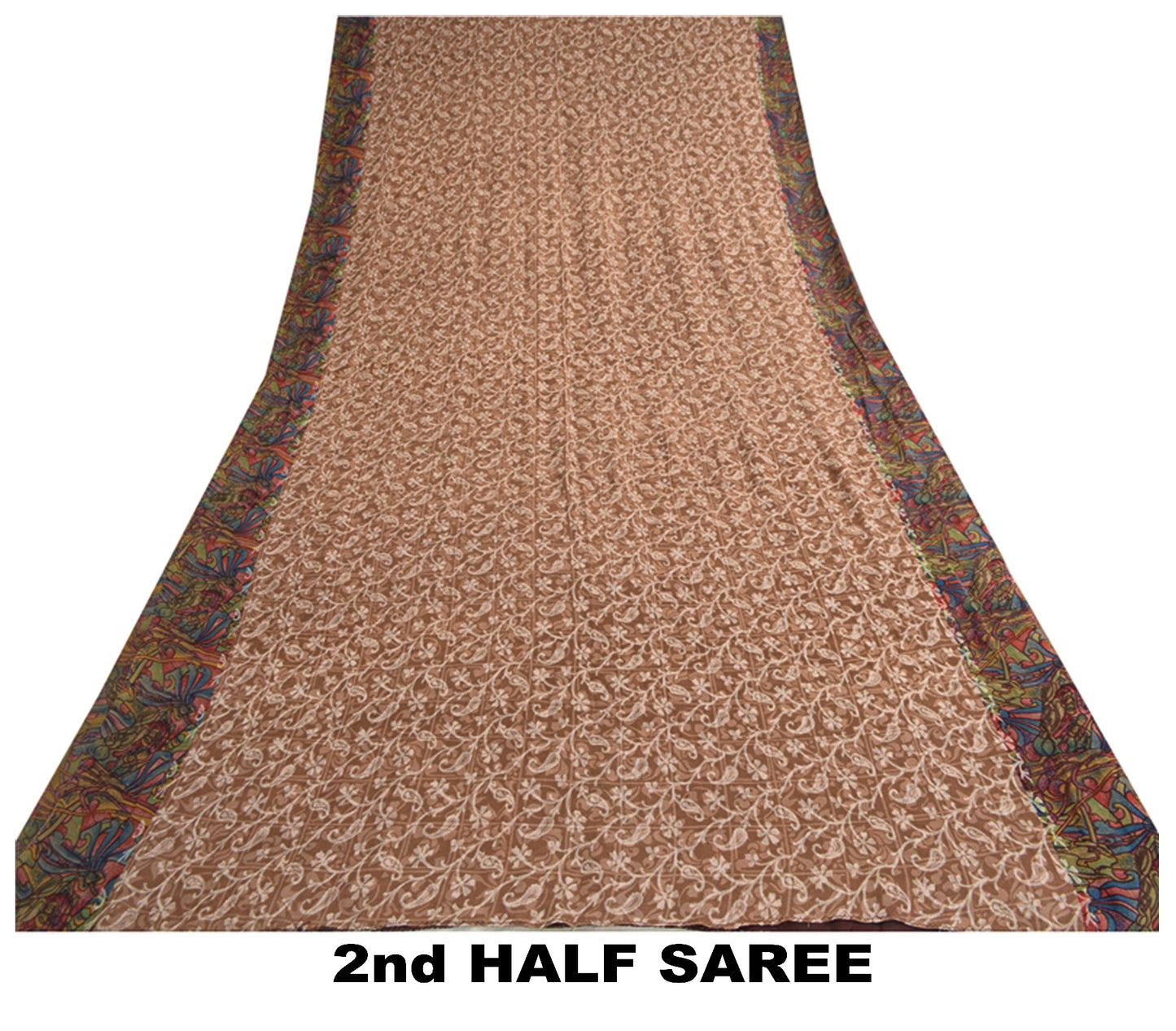 Sanskriti Vintage Sarees Light-Brown Pure Silk Printed Sari Floral Craft Sustainable Fabric