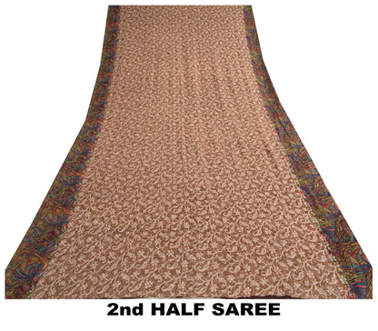 Sanskriti Vintage Sarees Light-Brown Pure Silk Printed Sari Floral Craft Sustainable Fabric