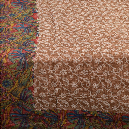 Sanskriti Vintage Sarees Light-Brown Pure Silk Printed Sari Floral Craft Sustainable Fabric