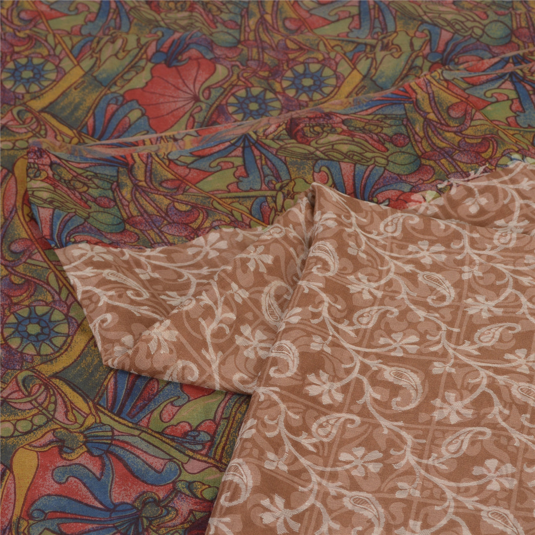 Sanskriti Vintage Sarees Light-Brown Pure Silk Printed Sari Floral Craft Fabric