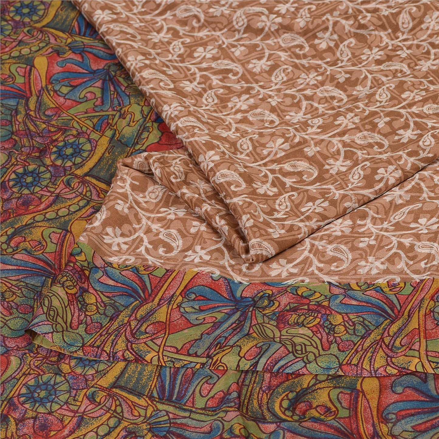 Sanskriti Vintage Sarees Light-Brown Pure Silk Printed Sari Floral Craft Sustainable Fabric