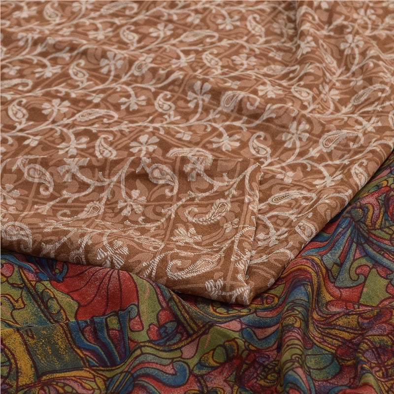 Sanskriti Vintage Sarees Light-Brown Pure Silk Printed Sari Floral Craft Sustainable Fabric