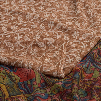Sanskriti Vintage Sarees Light-Brown Pure Silk Printed Sari Floral Craft Sustainable Fabric