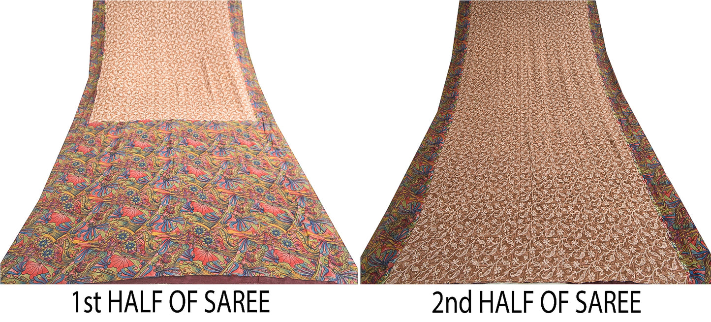 Sanskriti Vintage Sarees Light-Brown Pure Silk Printed Sari Floral Craft Sustainable Fabric