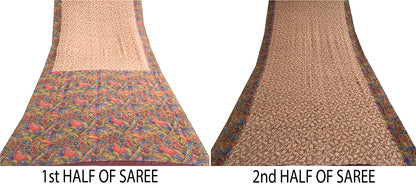 Sanskriti Vintage Sarees Light-Brown Pure Silk Printed Sari Floral Craft Sustainable Fabric