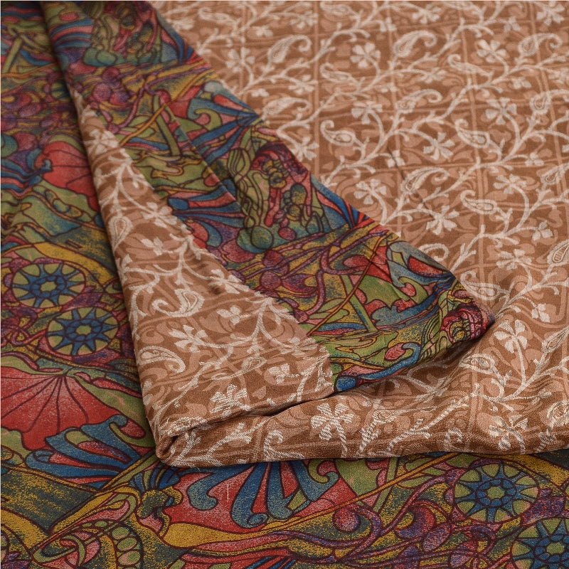 Sanskriti Vintage Sarees Light-Brown Pure Silk Printed Sari Floral Craft Sustainable Fabric