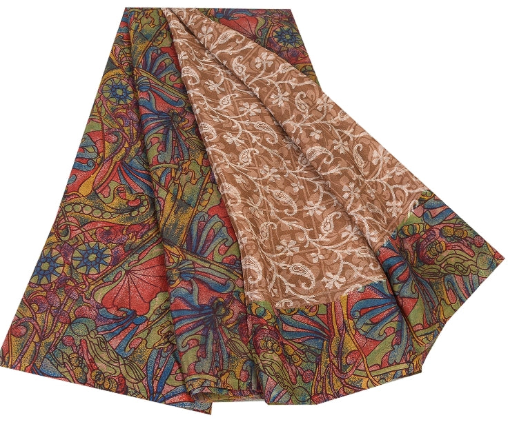 Sanskriti Vintage Sarees Light-Brown Pure Silk Printed Sari Floral Craft Sustainable Fabric