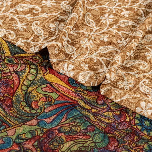 Sanskriti Vintage Sarees Light-Brown Pure Silk Printed Sari Floral Craft Sustainable Fabric