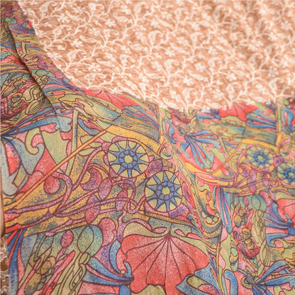 Sanskriti Vintage Sarees Light-Brown Pure Silk Printed Sari Floral Craft Sustainable Fabric