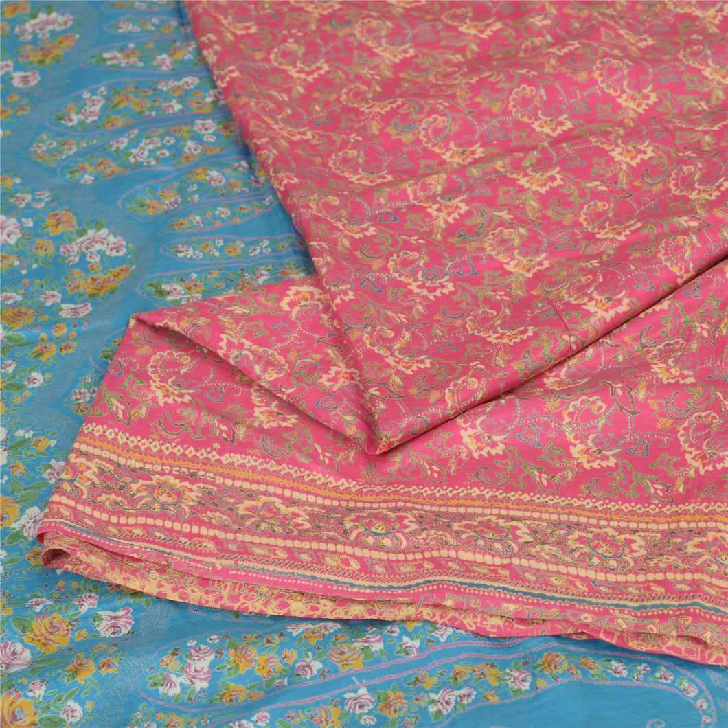 Sanskriti Vintage Sarees Pink/Blue 100% Pure Silk Printed Sari 5yd Craft Fabric