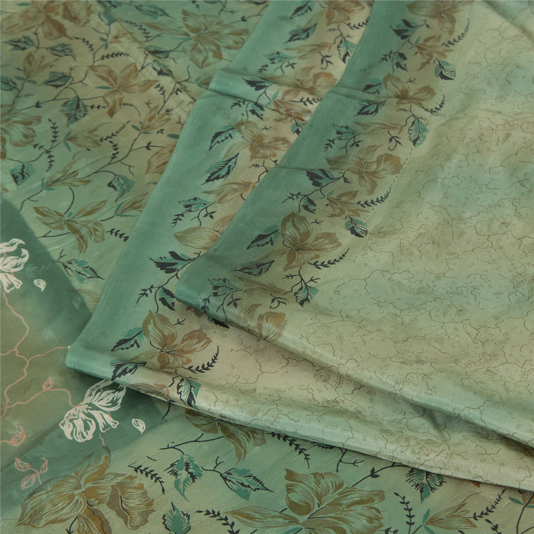 Sanskriti Vintage Sarees Indian Green Pure Silk Printed Sari 5yd Craft Fabric