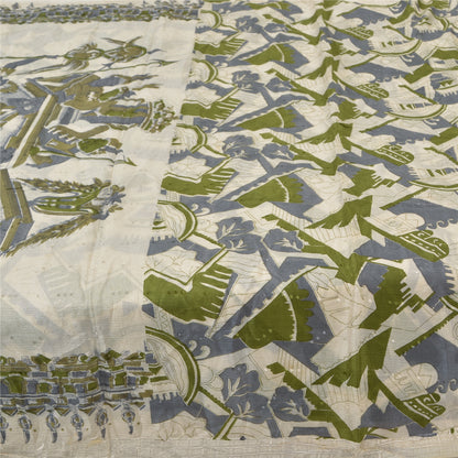 Sanskriti Vintage Sarees Indian Ivory Pure Silk Printed Sari 5 yard Craft Sustainable Fabric