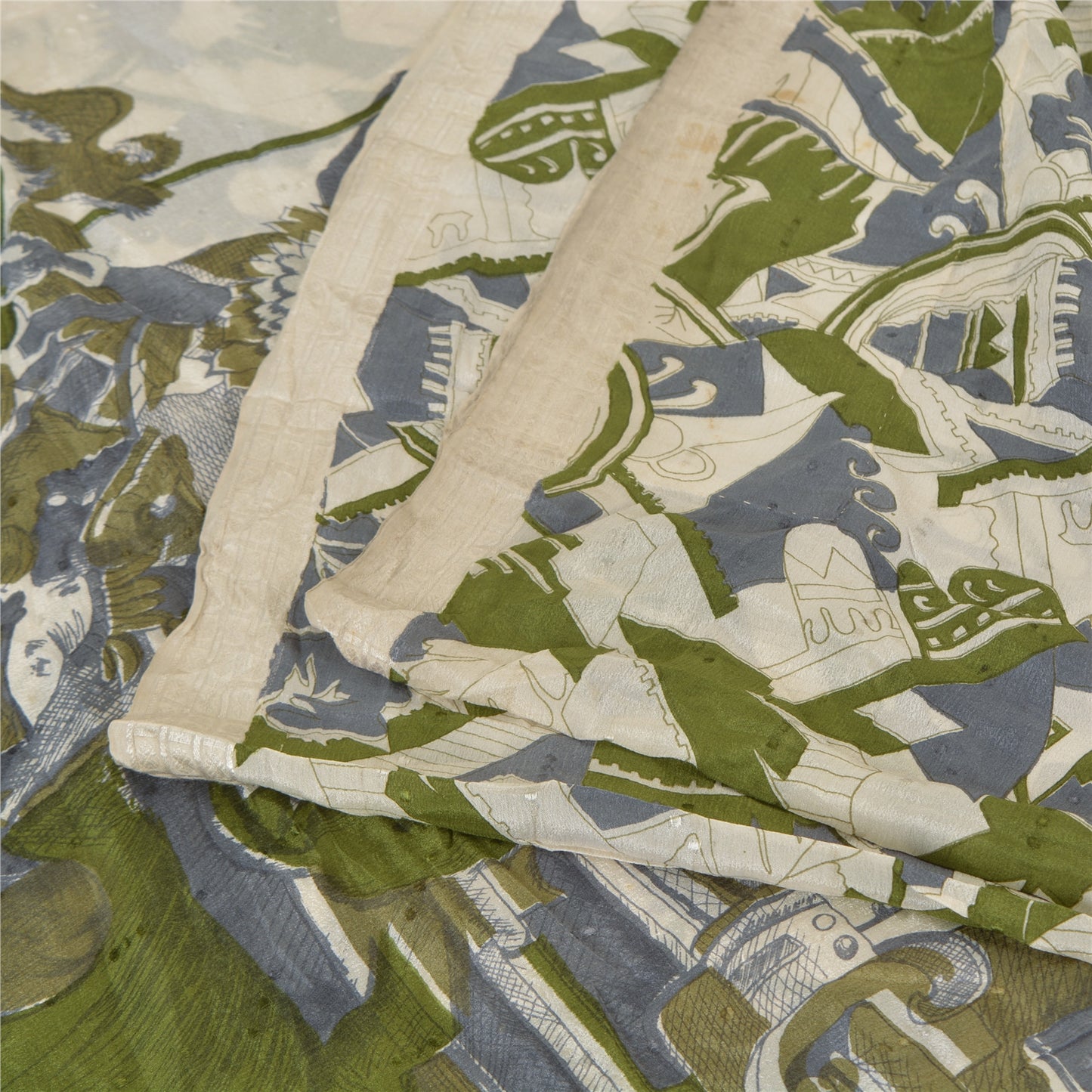 Sanskriti Vintage Sarees Indian Ivory Pure Silk Printed Sari 5 yard Craft Sustainable Fabric