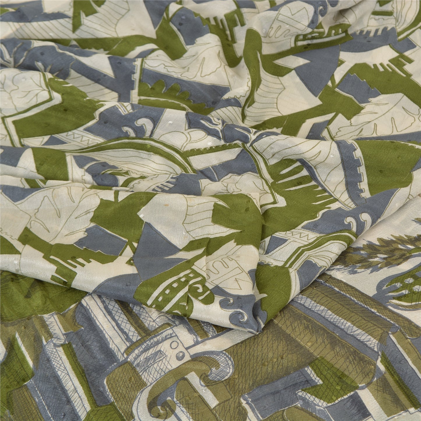 Sanskriti Vintage Sarees Indian Ivory Pure Silk Printed Sari 5 yard Craft Sustainable Fabric