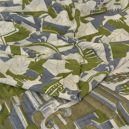Sanskriti Vintage Sarees Indian Ivory Pure Silk Printed Sari 5 yard Craft Sustainable Fabric